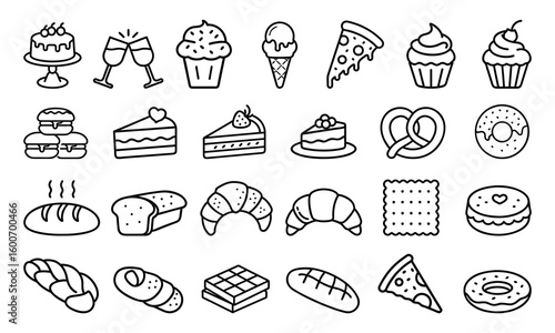 An assortment of dessert and bakery icons in a line art style isolated on white