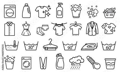 A set of laundry icons depicting washing machines detergents and various clothing items