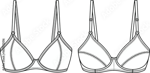 Women bra front and back view, technical flat sketch, lingerie fashion design, undergarment template vector, apparel construction, adjustable strap detail