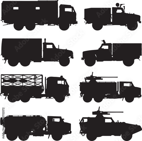 Military trucks and armored vehicles silhouettes transport