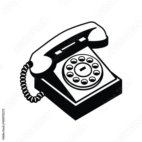 Minimalist black silhouette vector of a vintage rotary dial telephone. Bold flat design perfect for retro-themed graphics, tech history, or communication icons. illustration