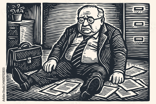 A defeated businessman sits on the floor in a messy office. Vintage woodcut style vector illustration about stress, burnout, and professional failure.