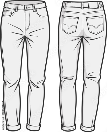Women's skinny jeans flat sketch, front and back view, denim pants, fashion technical drawing, stylish fitted trousers cad vector