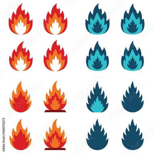 Collection of Fire and Flame Icons in Red and Blue Colors