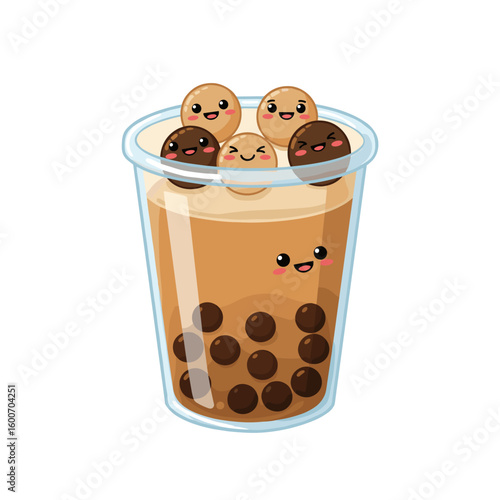 Adorable Cartoon Boba Tea with Smiling Brown and Beige Pearl Balls in Clear Cup