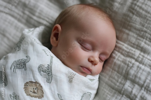 Peaceful newborn baby sweetly sleeping in a cozy animal print swaddle blanket, close-up portrait