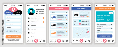 Car booking mobile app interface templates set. Web design kit with phone display, account, transport order, map, online tracking, payment. Pack of UI, UX, GUI screens for application. Vector design.