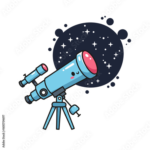 Adorable Cartoon Refracting Telescope on Tripod, Light Blue with Pink Accents