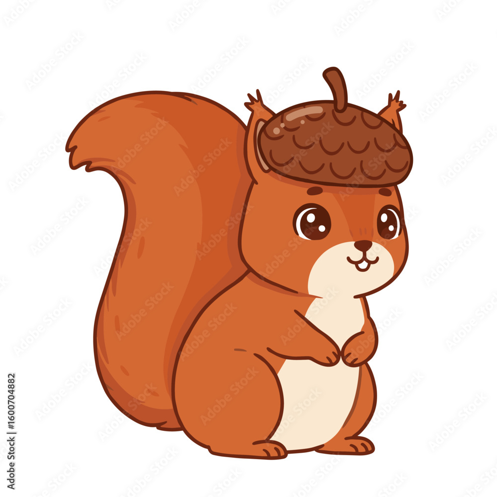Naklejka premium Adorable Cartoon Squirrel Wearing Acorn Hat, Sitting Pose, Orange Fur, Big Eyes