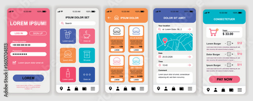 Delivery food mobile app interface templates set. Web design kit with phone display, account, restaurant menu, order, online map, payment. Pack of UI, UX, GUI screens for application. Vector design.