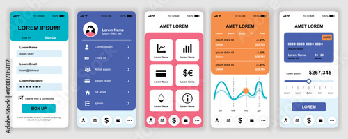 Finance services mobile app interface templates set. Web design kit with phone display, account, financial data, statistic market, exchange. Pack of UI, UX, GUI screens for application. Vector design.