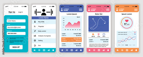 Fitness workout mobile app interface templates set. Web design kit with phone display, sport statistic, running map, cardio tracking, data. Pack of UI, UX, GUI screens for application. Vector design.