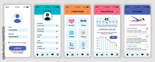Fitness workout mobile app interface templates set. Web design kit with phone display, menu, statistic, weight lose graph, training program. Pack of UI, UX, GUI screens for application. Vector design.