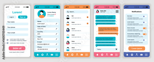 Online messenger mobile app interface templates set. Web design kit with phone display, account, menu, friends list, chat with messages. Pack of UI, UX, GUI screens for application. Vector design.