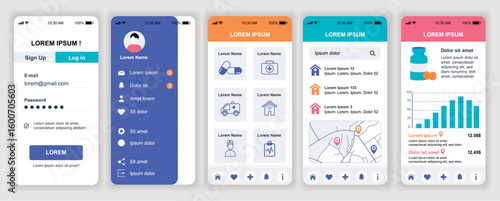 Online pharmacy mobile app interface templates set. Web design kit with phone display, account, settings, emergency help, drugstores on map. Pack of UI, UX, GUI screens for application. Vector design.