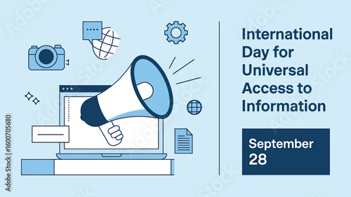 International Day for Universal Access to Information Poster with Books, Laptop, WiFi, and Open Data Icons