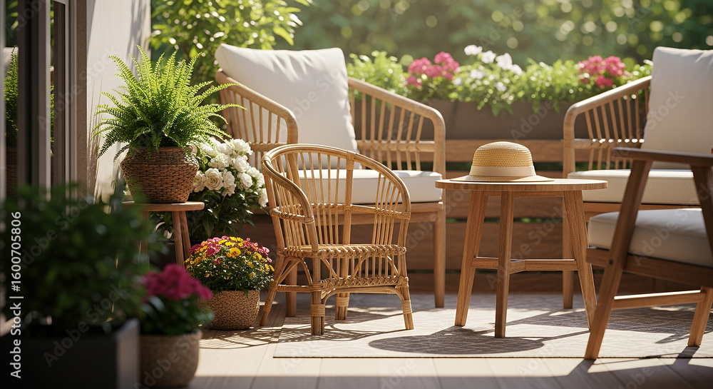 Obraz premium Cozy balcony with rattan furniture and flowering plants, creating a peaceful outdoor relaxation space