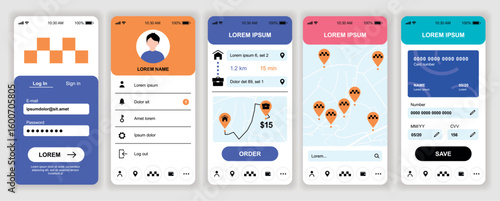 Taxi service mobile app interface templates set. Web design kit with phone display, account, location route, online tracking cars, payment. Pack of UI, UX, GUI screens for application. Vector design.