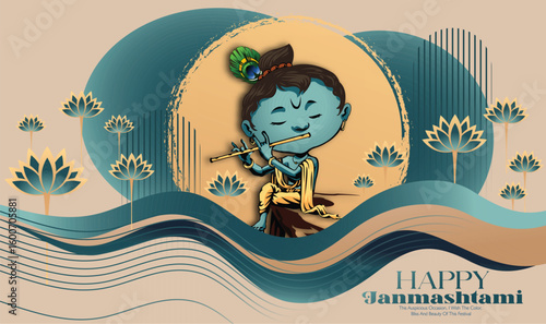 Celebrating happy Janmashtami festival of India with llustration of Lord Krishna playing bansuri (flute) and dahi handi competition with text in Hindi meaning 'Krishan Janmashtami'- vector background