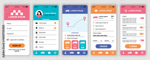 Taxi service mobile app interface templates set. Web design kit with phone display, account, online map, choose driver, order car, settings. Pack of UI, UX, GUI screens for application. Vector design.