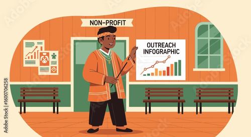 Non Profit Representative Presenting Outreach Infographic And Showing Positive Growth