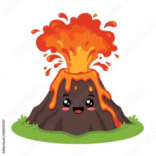 Happy Cartoon Volcano Erupting Orange Lava, Cute Kawaii Style