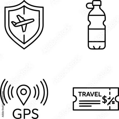 Travel essentials outline icons: Safety, hydration, location and ticket, Travel icon set: Line art for security, water, navigation, travel fare and discount