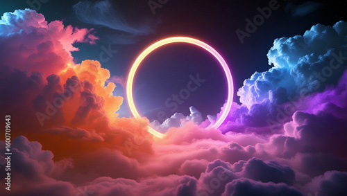 A surreal digital artwork featuring a glowing neon ring partially obscured by vibrant