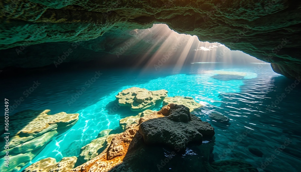 Obraz premium Ethereal cave pool with sunbeams
