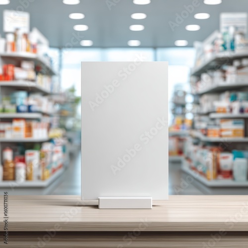 Photorealistic blank poster mockup in pharmacy with shelves of medicine in background, Prescriptions, bright lighting, space for medical campaign or design