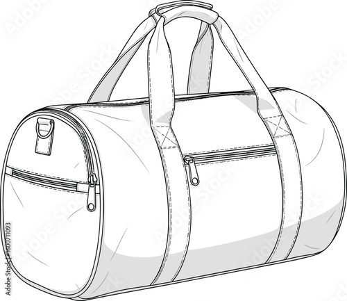 Sporty cylindrical duffel bag vector illustration with zipper pockets, sturdy handles, technical drawing for fashion, product design, branding, mockup