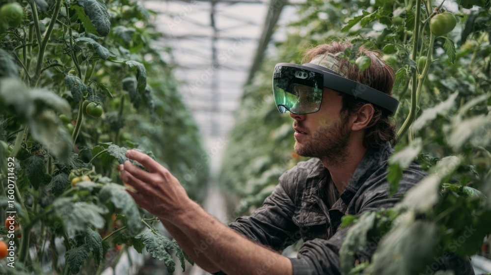 Fototapeta premium Innovative Farmer Utilizing Augmented Reality Technology in High-Tech Greenhouse for Sustainable Agriculture Practices