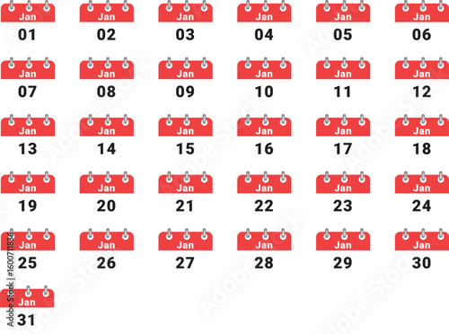 Grid of 31 days of january, calendar pages showing days of the month