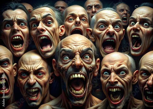 Photo of a terrifying closeup portrait of multiple men with contorted screaming faces expressing extreme fear and horror in a dark intense atmosphere