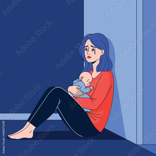 A mother's sorrow holding her child in the dark feeling isolated and hopeless