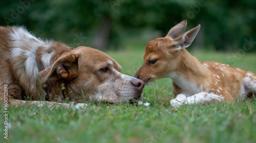 Two Different Animal Species Playing Together in a Natural Environment Captured in a Heartwarming Moment