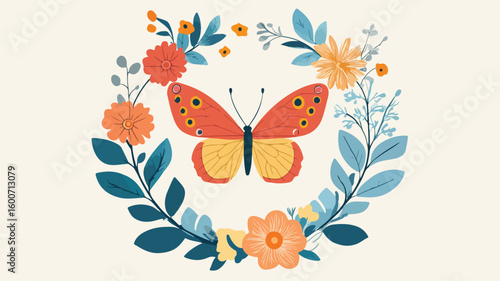 Elegant Floral Butterfly Wreath Illustration in Simple Flat Design