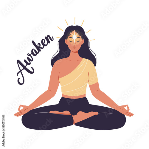 Meditating Person with Glowing Third Eye and ‘Awaken’ Label