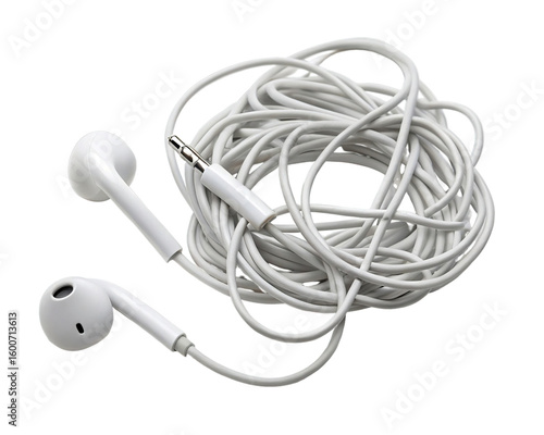 A tangled mess of white earphones with a plug is isolated on a transparent background in studio shot