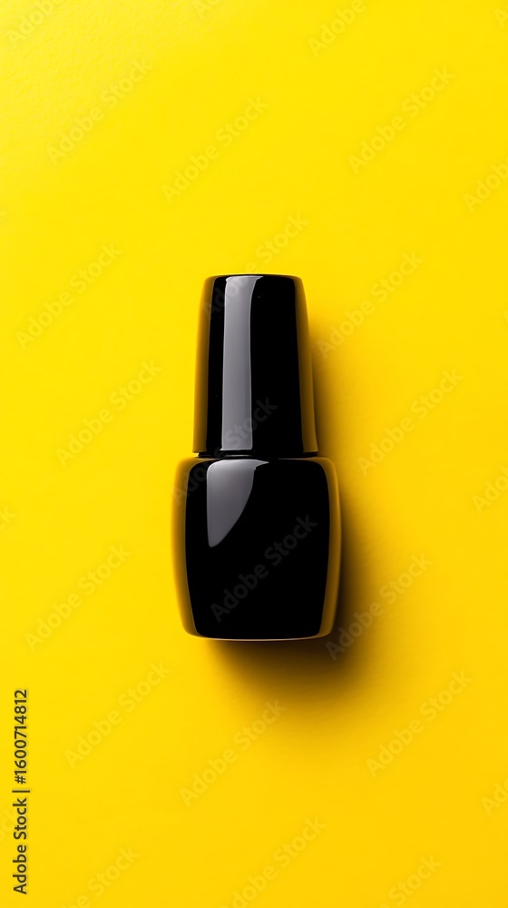 Glossy Black Nail Polish Bottle Centered on Bright Yellow Background, Minimalist Beauty Still Life Glossy Black Nail Polish Bottle Centered on Bright Yellow Background, Minimalist Beauty Still Life