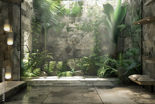 stylist and royal 3d Tropical bathroom with stone walls and contemporary minimal design with jungle view