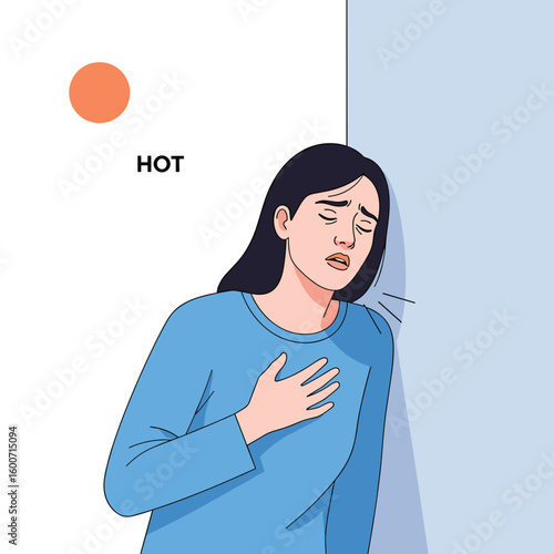 Woman feeling unwell and struggling to breathe in hot weather experiencing chest discomfort