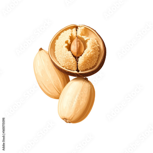 Three walnuts one split open against dark background