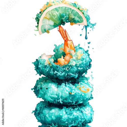 Turquoise colored stacked deep fried coconut shrimp with lime