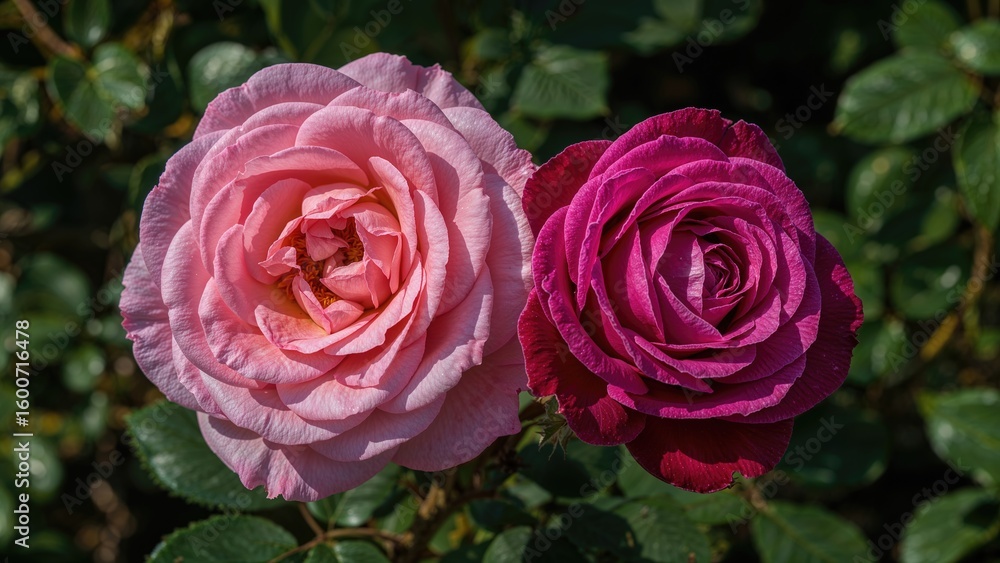 Large pink and purple rose flowers in full bloom surrounded by green foliage in a macro shot capturing intricate petal details. Large pink and purple rose flowers in full bloom surrounded by green foliage in a macro shot capturing intricate petal details.