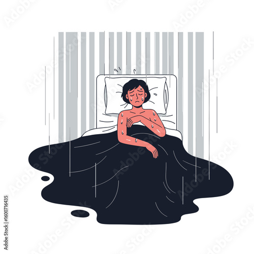 Feeling anxious awake alone in bed on a rainy night feeling overwhelmed