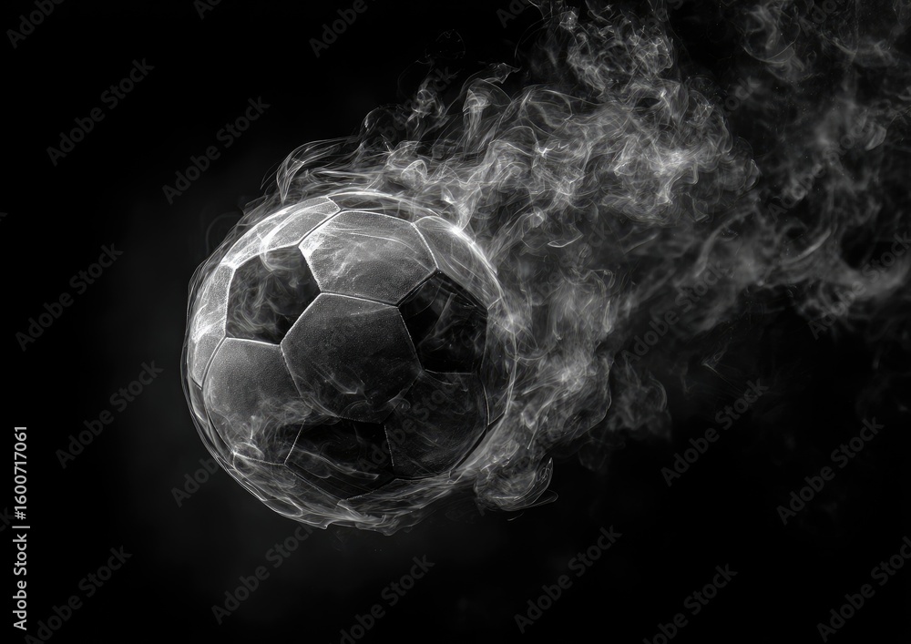 Naklejka premium A grayscale soccer ball, seemingly made of smoke, streaks across a black background, leaving a wispy trail