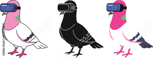 Three stylized pigeons wearing VR headsets are presented in a row, showcasing a modern and playful take on avian characters embracing virtual reality technology.