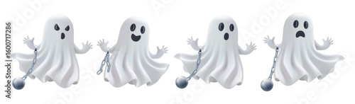 Halloween 3d emoji, little prisoner ghost game set. Chained phantom in white cloth, vector spooky character. Cute laugh, scream or scaring boo. Metal ball realistic render, funny monster banner png