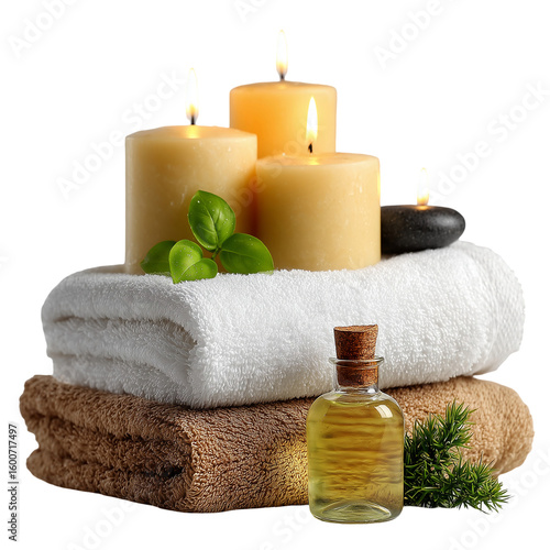 Still life of candles towels oil and greenery for a spa or relaxation day isolated on transparent background